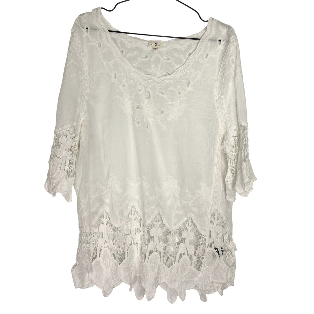 POL Womens Boho Resort Cotttagecore Lace Blouse Crochet Embroidered White S/M